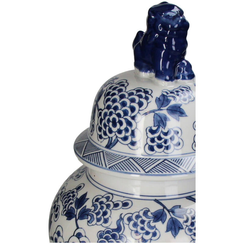 Chinoiserie Ginger Jar Pot & Vase in blue and white porcelain featuring intricate floral designs and a decorative lid