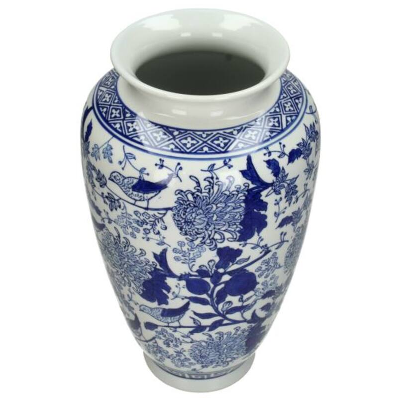 Lowlands Design chinoserie flower vase ceramic blue white, 30cm tall with intricate floral patterns