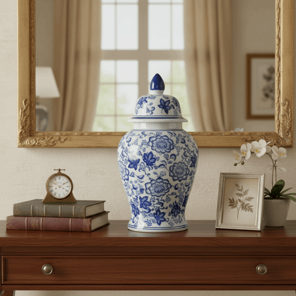 Classic Blue and White Porcelain Ginger Jar Decor on a wooden table with a mirror backdrop