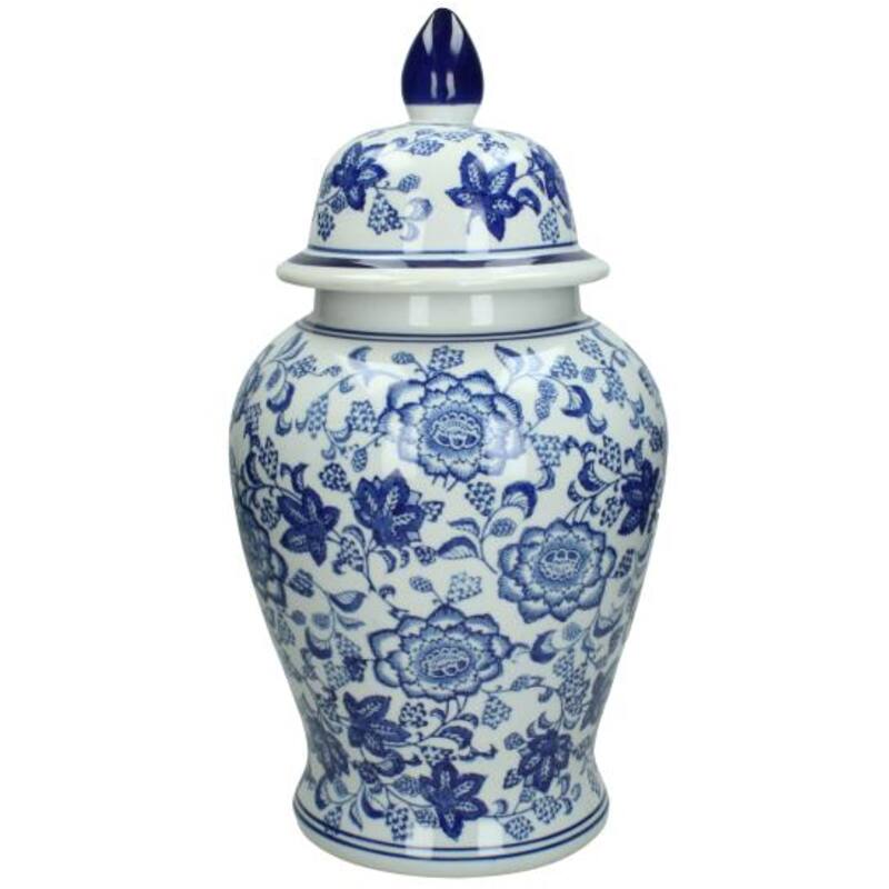 Classic Blue and White Porcelain Ginger Jar Decor with Floral Design and Matching Lid