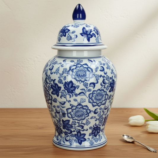 Chinoiserie Ginger Jar Pot & Vase Hunze - 37x22x22cm - White Blue Porcelain