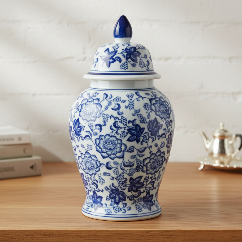 Chinoiserie Ginger Jar Pot & Vase Hunze - 37x22x22cm - White Blue Porcelain