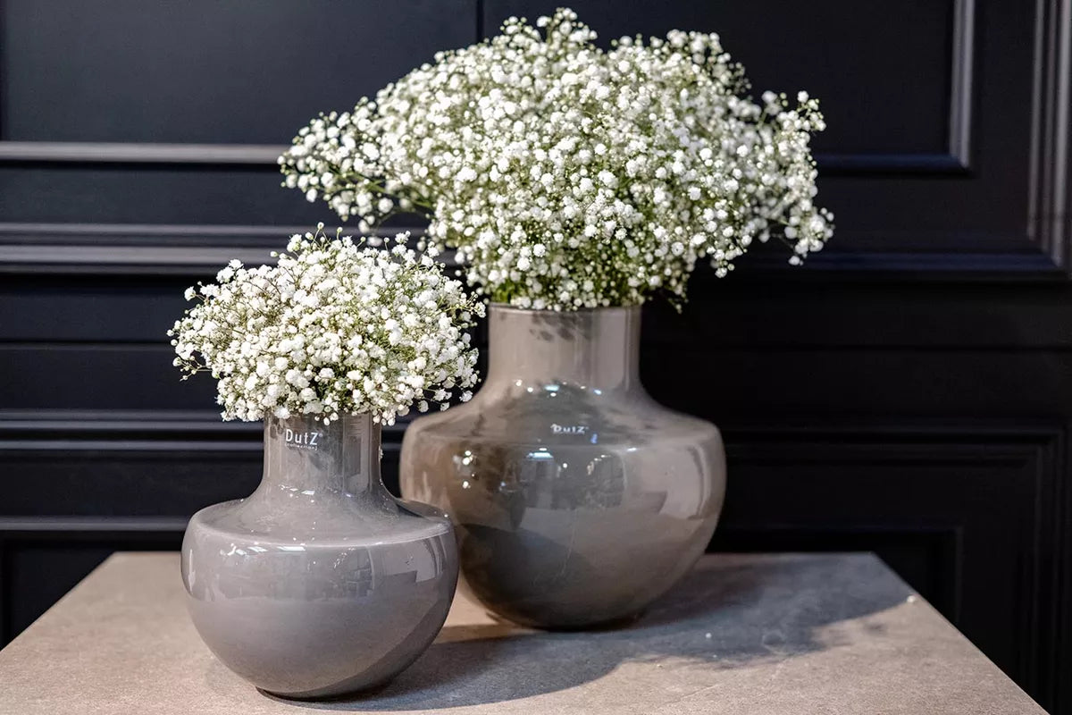 Lowlands Design grey flowervase glass, set of two sizes with delicate white flowers