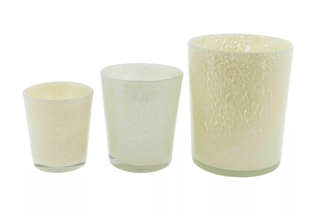 Set of three Lowlands Design flowervase glass mouthblown in varying sizes with a unique textured finish