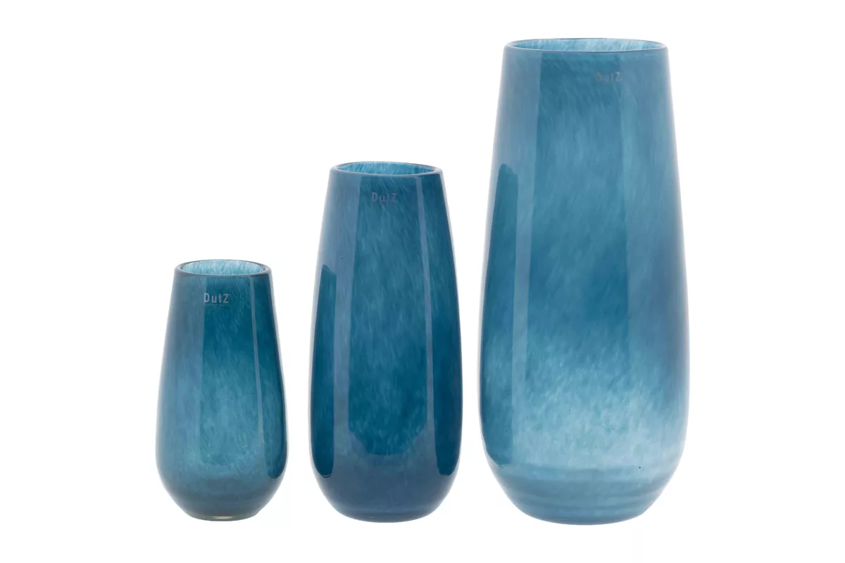 Set of three Lowlands Design glass flower vases in varying shades of blue for modern floral arrangements
