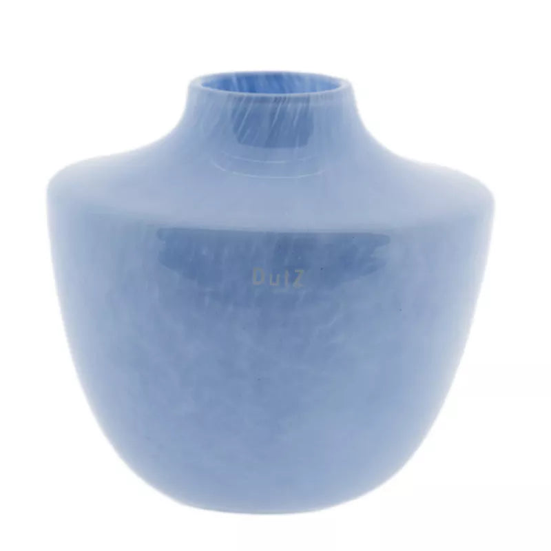 Lowlands Design baby blue glass vase with rounded silhouette short neck glossy marbled finish for tabletop decor