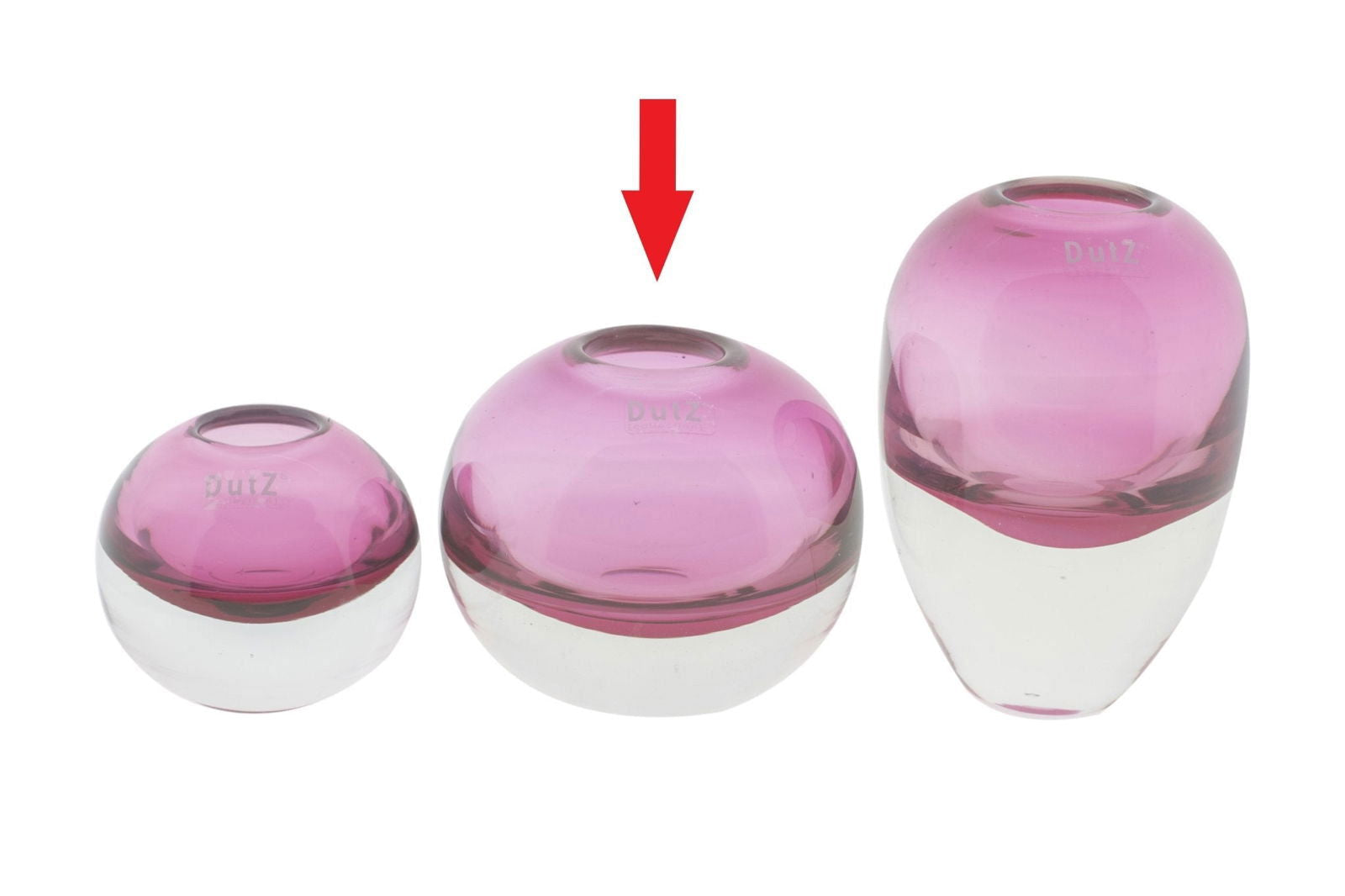 Lowlands Design purple and clear glass ball vase with modern rounded shape highlighted by red arrow