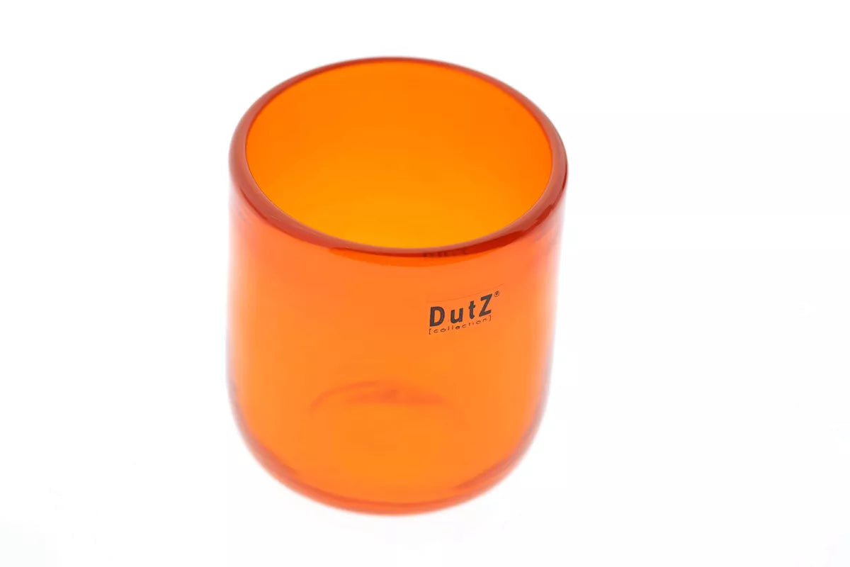 Lowlands Design orange blown glass cup candleholder, 10cm tall, perfect for adding warmth to any room