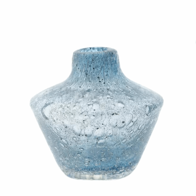 Lowlands Design blue glass vase diffuser with short neck and bubbled textured glass handcrafted coastal blue finish