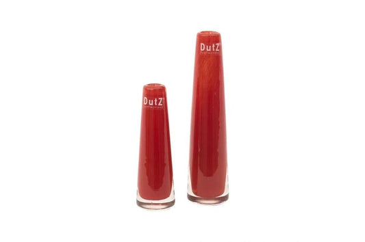 Two red glass Budvase solifleurs by Lowlands Design in different sizes with clear bases