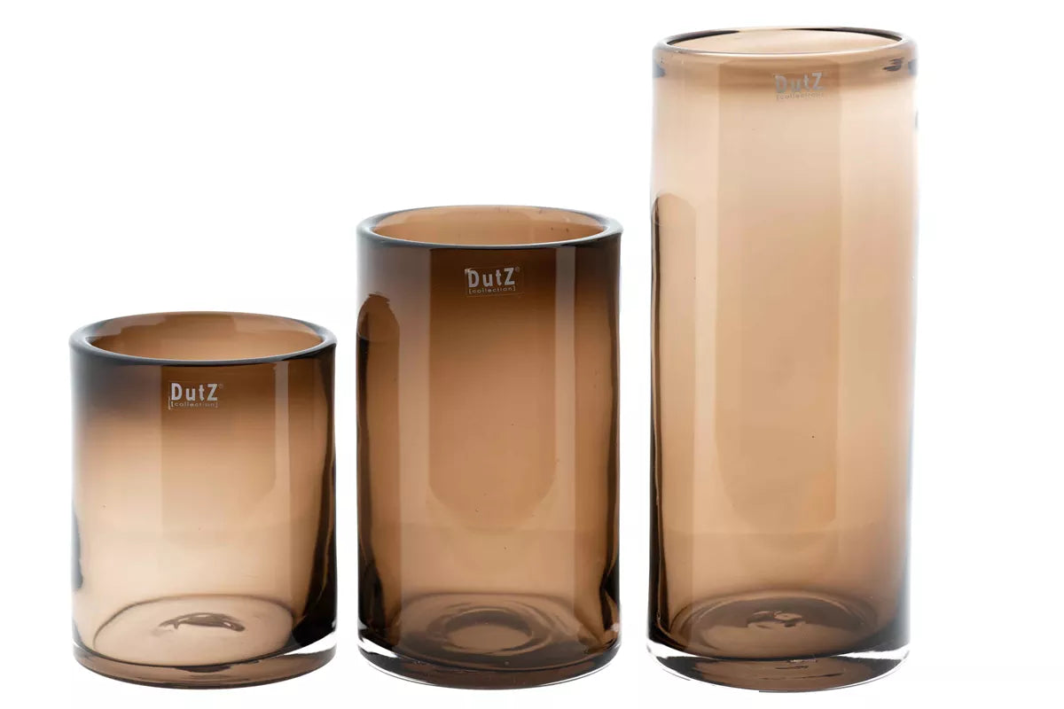 Set of three DutZ cylinder glass vases in brown gradient, 10cm, 15cm, and 20cm tall
