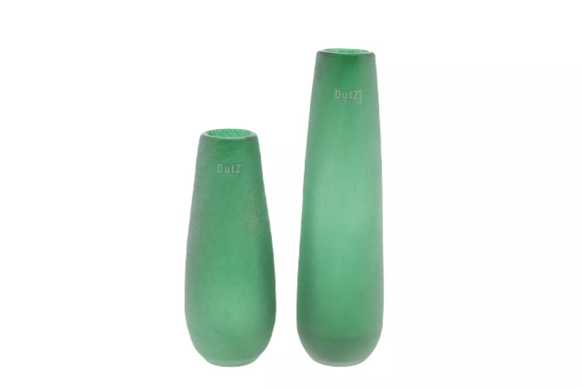 Lowlands Design frosted glass flower vase set in green, featuring two sizes for floral arrangements