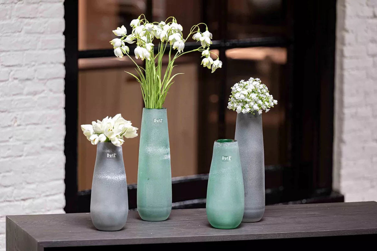 Lowlands Design frosted glass flower vase set in various heights, featuring elegant designs