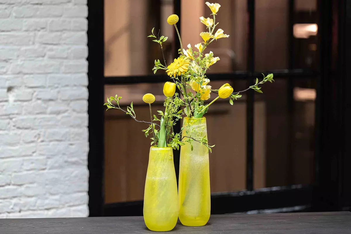 Lowlands Design frosted glass flower vase in bright yellow, tall design for floral arrangements