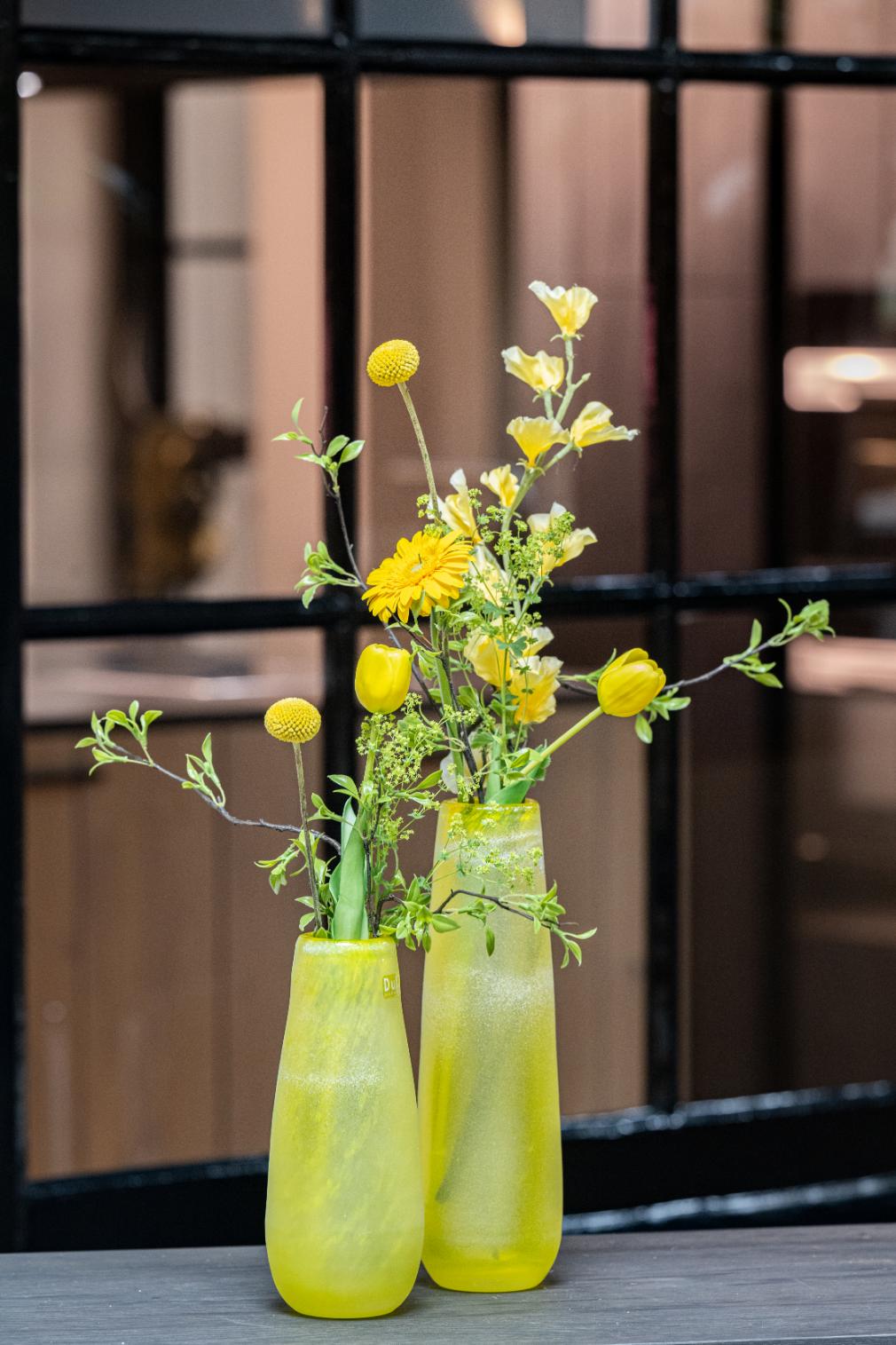 Lowlands Design frosted glass flower vase in yellow, 30cm tall, perfect for fresh flower arrangements