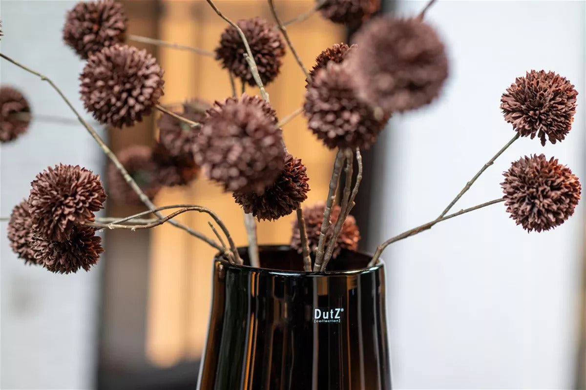 Lowlands Design modern glass brown flower vase with decorative brown pom-pom stems