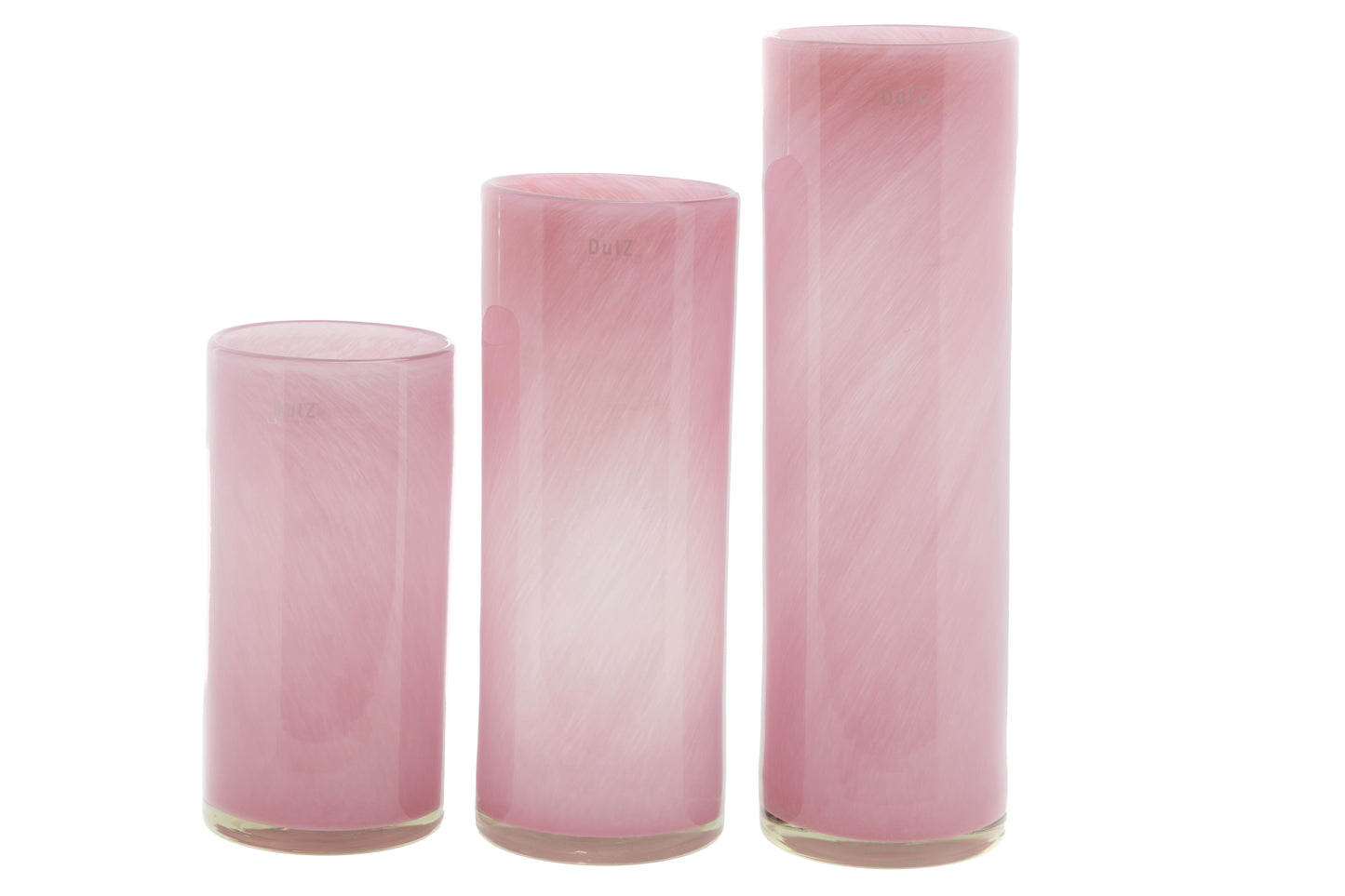 Set of three pink Lowlands Design glass cylinder vases in varying heights for elegant decor