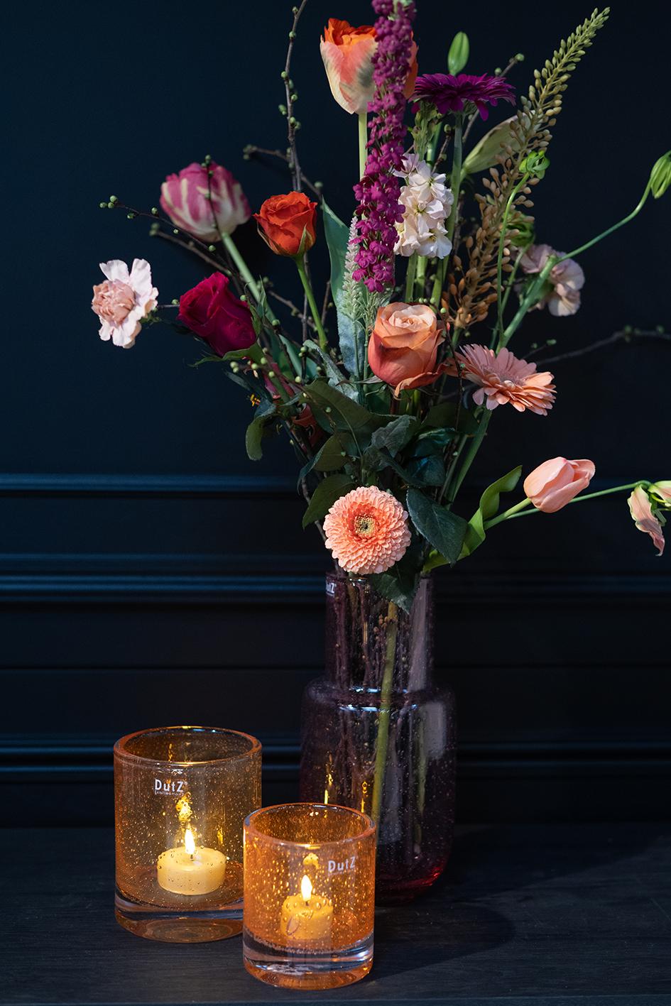 Lowlands Design glass flowervase mouthblown with a bouquet of colourful flowers and decorative candles