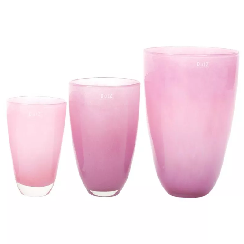 Set of three DutZ glass flowervases in pink ombre, varying sizes for flower displays