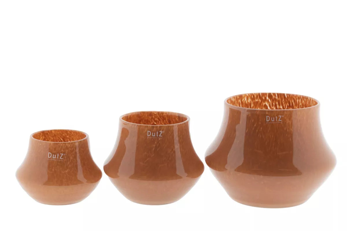 Set of three Lowlands Design glass orchid pots in warm brown tones, varying sizes for elegant plant display