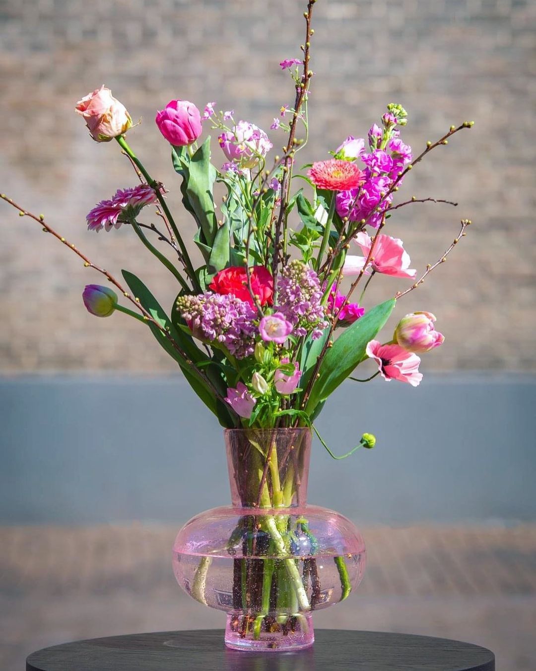 Lowlands Design Glass Posy Vase in Pink with Colourful Fresh Flowers Arrangement