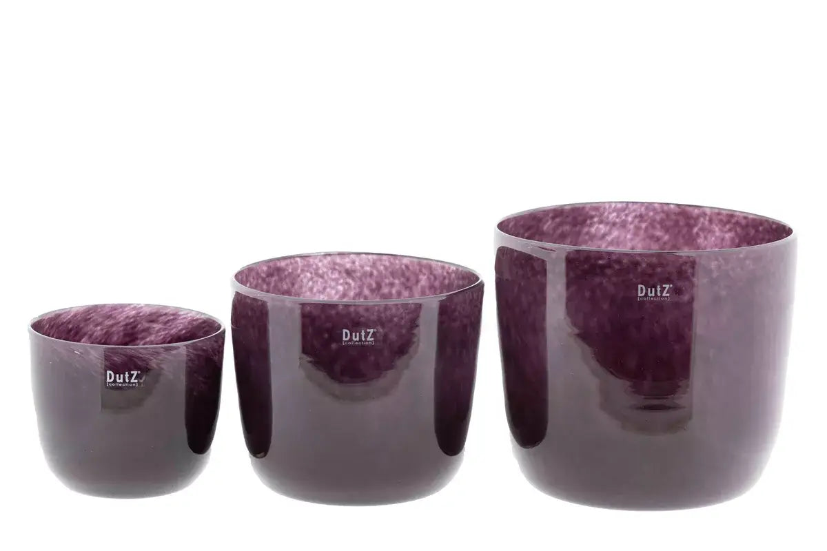 Set of three DutZ glass purple plant pots in various sizes for stylish indoor gardening