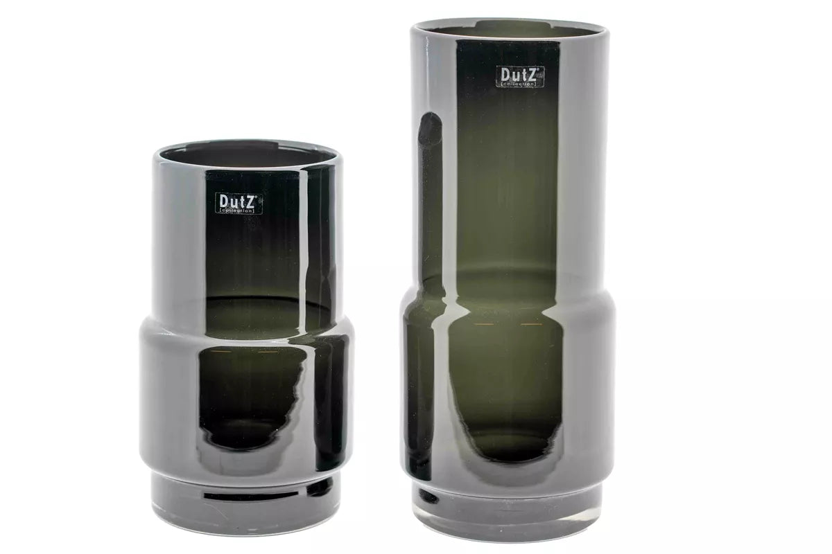 Lowlands Design pair of handmade smoky glass home decor cylindrical vases in dark grey smoke finish