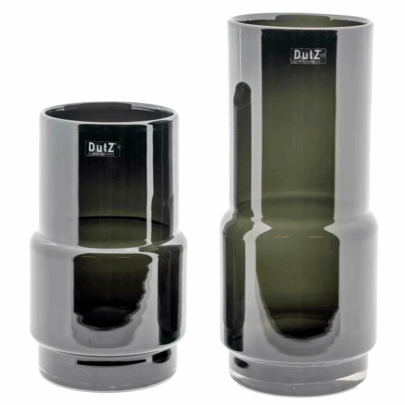 Lowlands Design set of two handmade smoky glass home decor design vases in glossy dark green cylindrical shapes