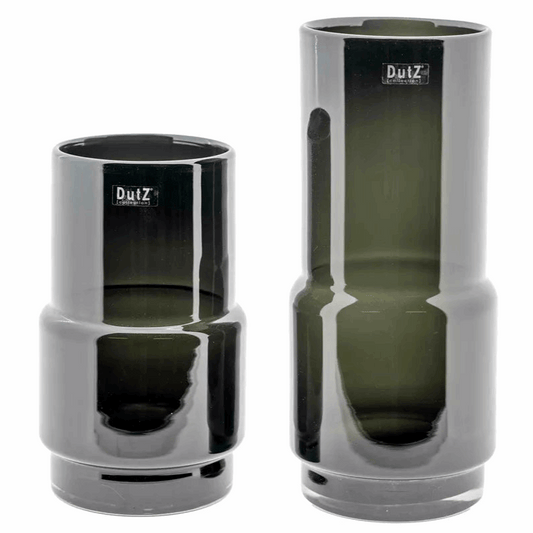 Lowlands Design set of two handmade smoky glass home decor design vases in glossy dark green cylindrical shapes