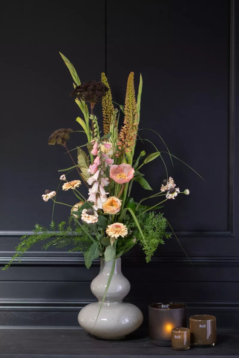 Lowlands Design modern taupe vase for living room with sculptural double gourd shape and floral arrangement