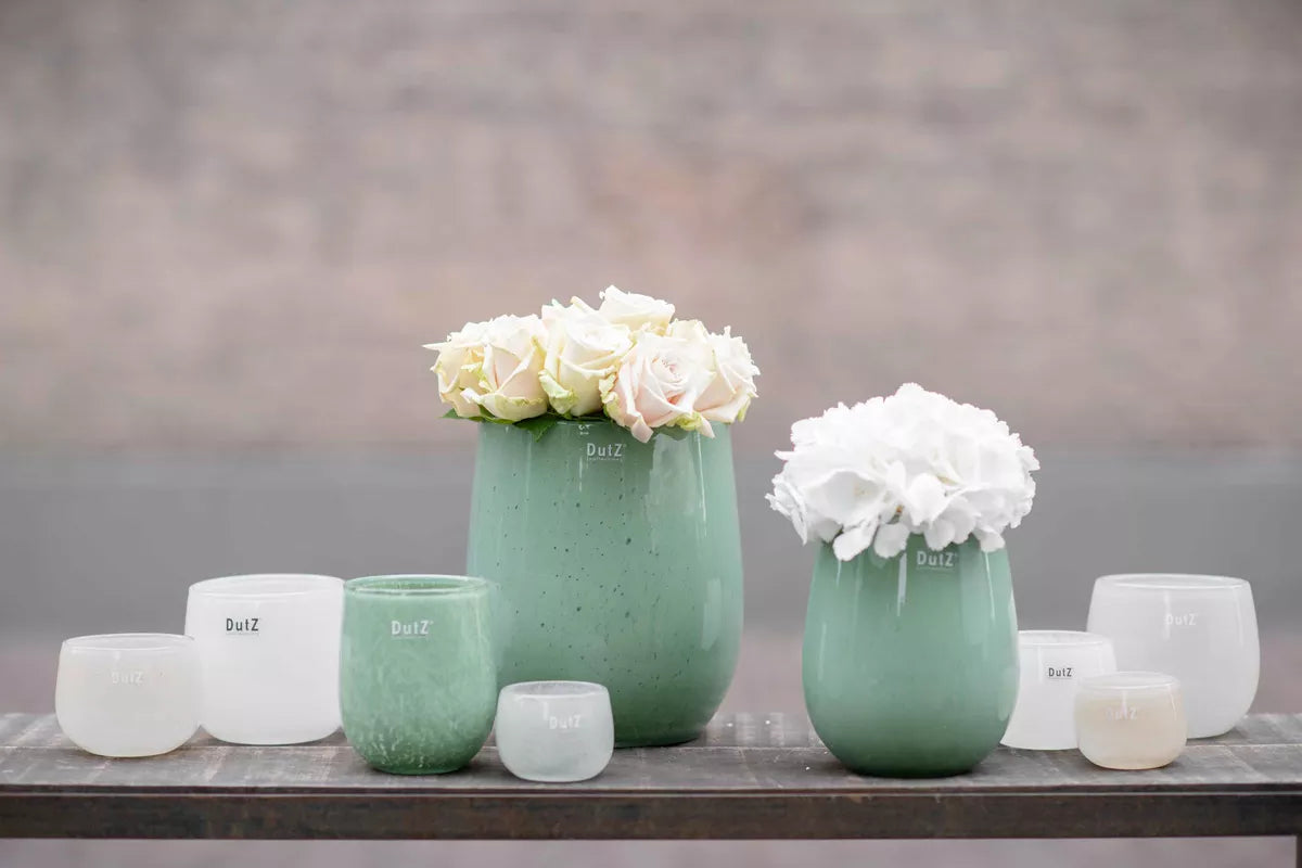Lowlands Design mouthblown glass barrel vase in green, perfect for floral arrangements