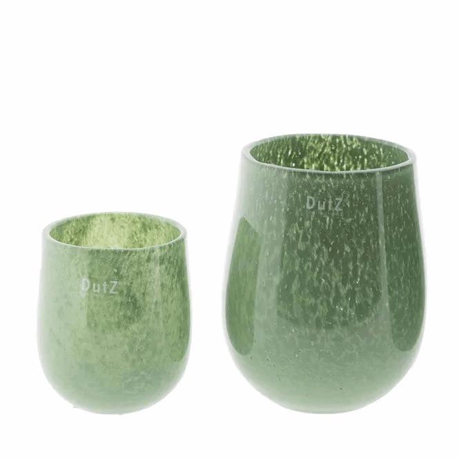 DutZ green mouthblown glass barrel vase, medium and small sizes with textured finish