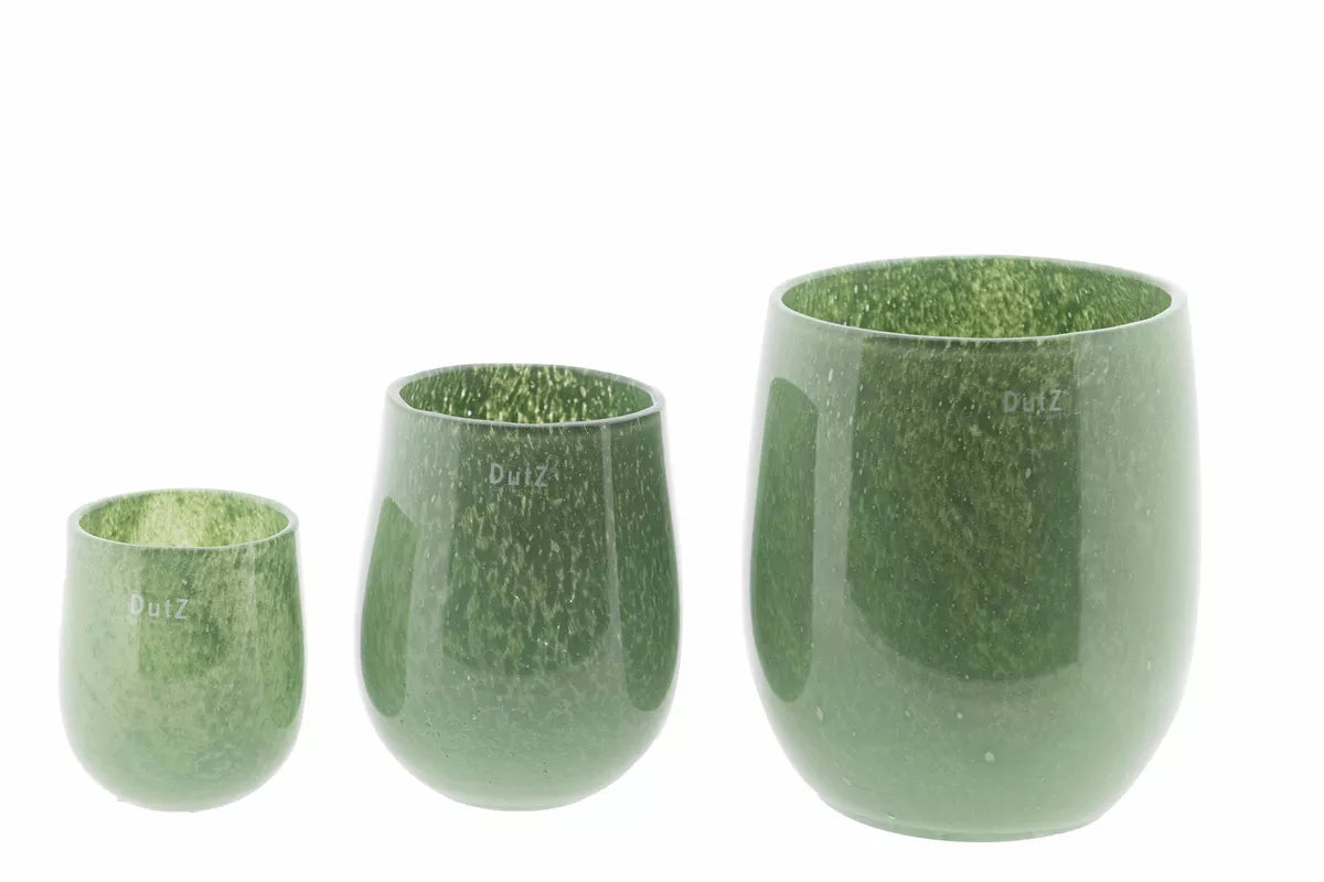 Lowlands Design mouthblown glass barrel vase in green, available in three sizes for elegant decor