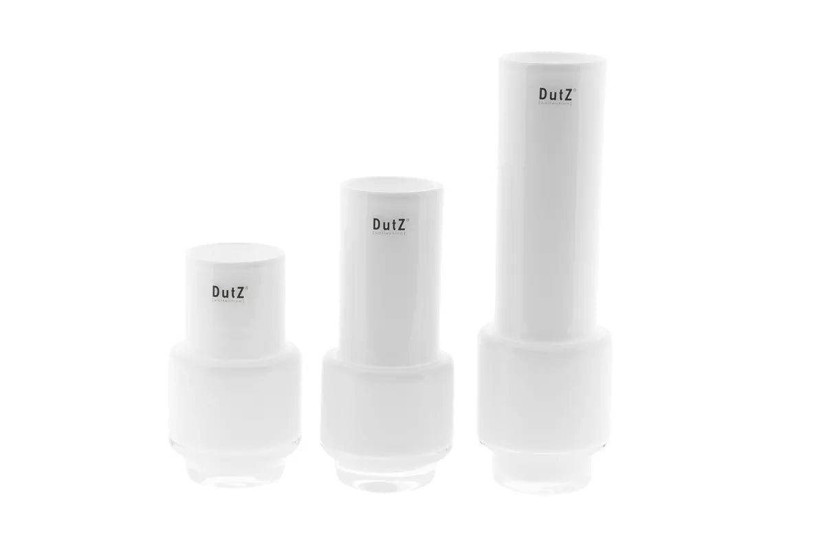 Set of three DutZ white mouthblown glass table vases in various heights for elegant floral displays
