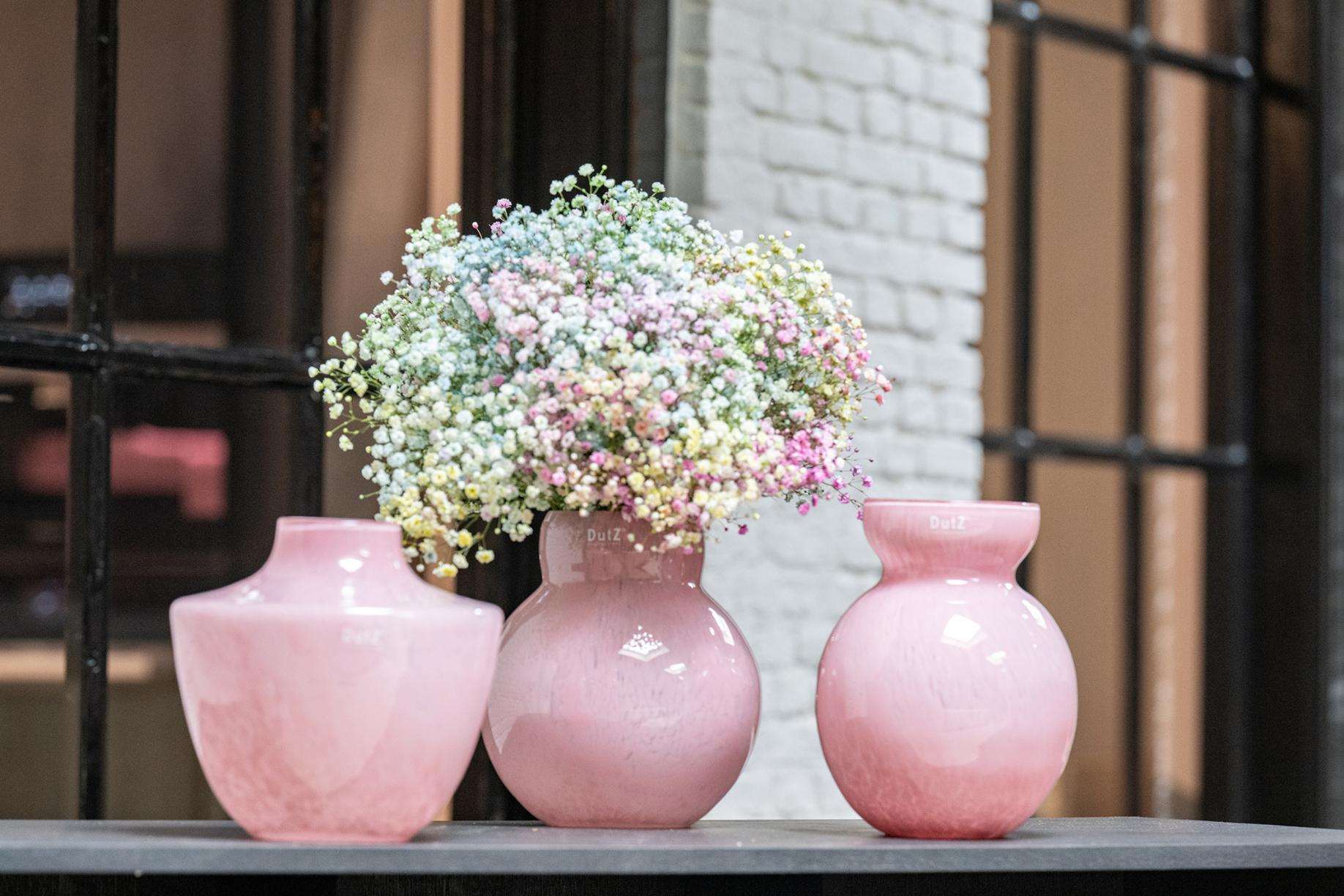 Lowlands Design pink designer vase trio of ceramic vases with pastel gypsophila bouquet on windowsill