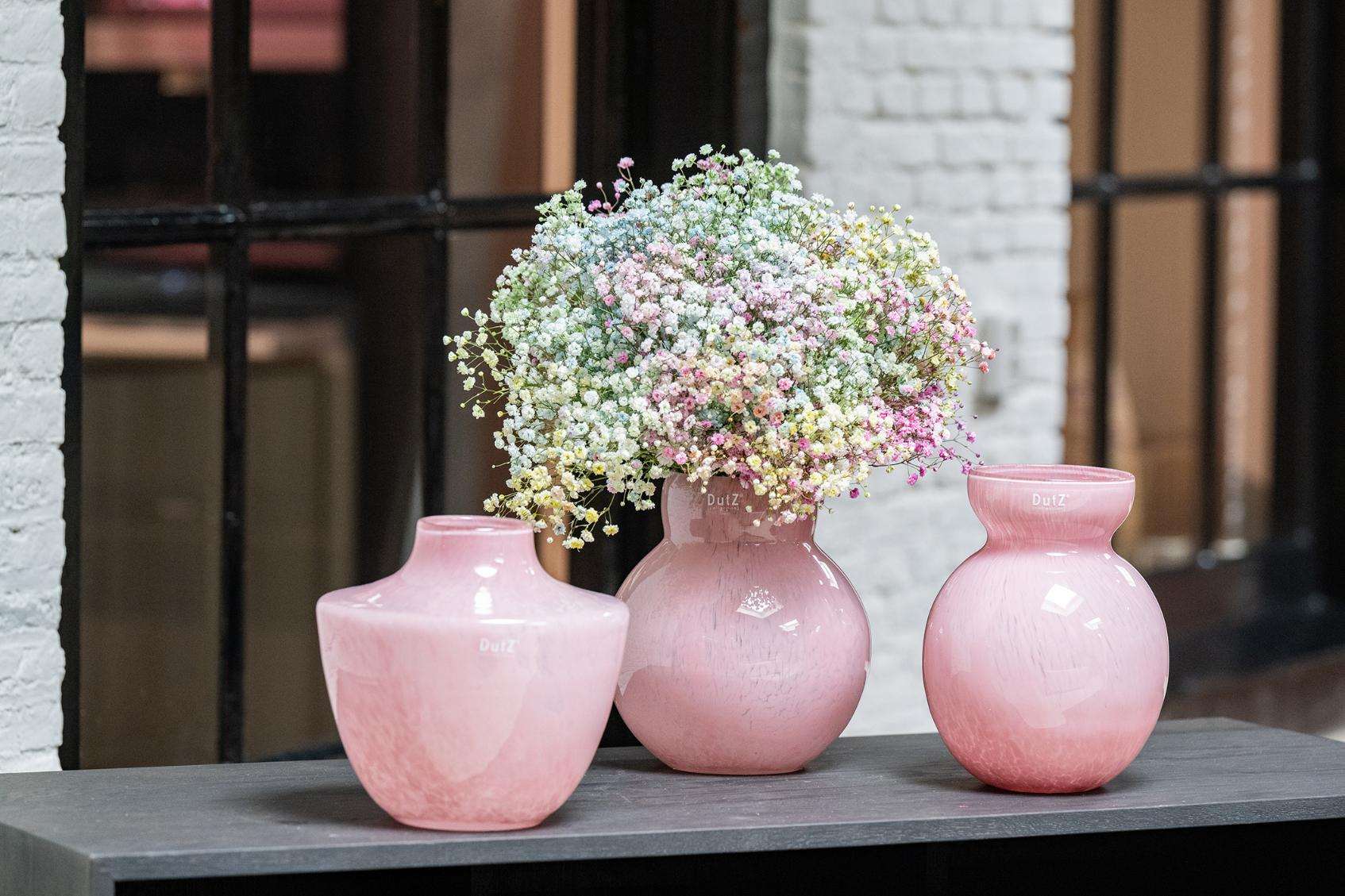 Lowlands Design pink designer vase set of three ceramic vases with baby breath flowers on shelf