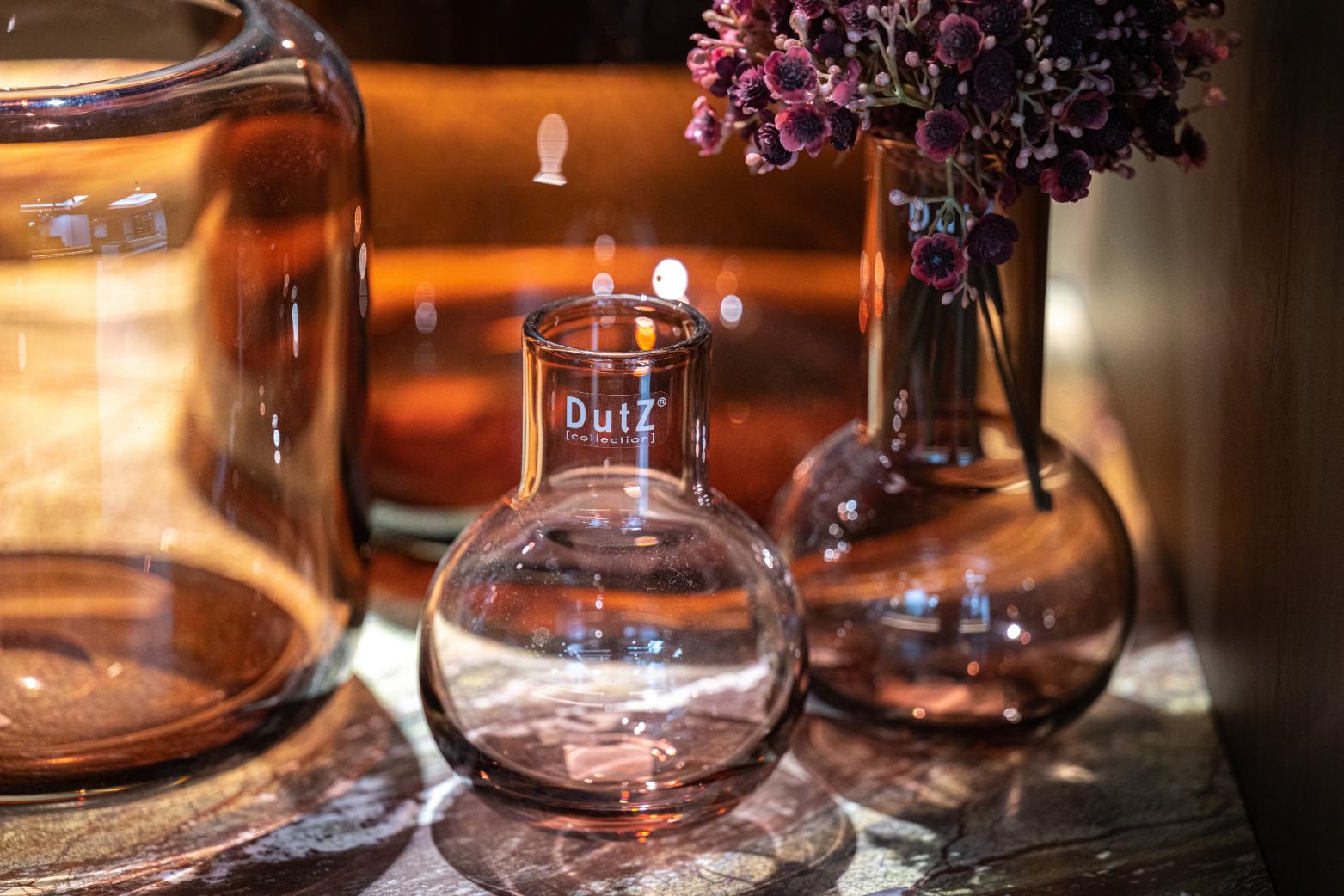 Lowlands Design premium burgundy flower vase trio of round glass bud vases on wooden shelf with dried flowers