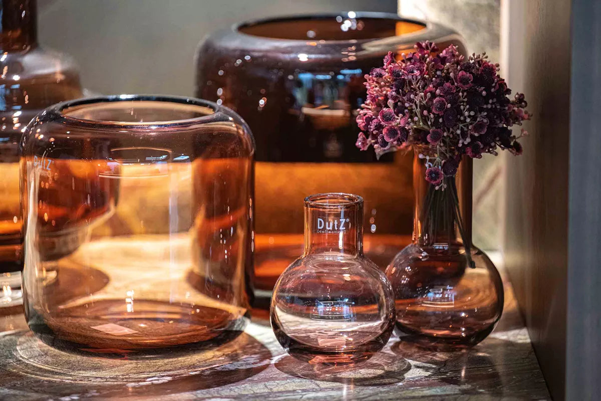 Lowlands Design premium burgundy flower vase and matching blown glass vases for tabletop display