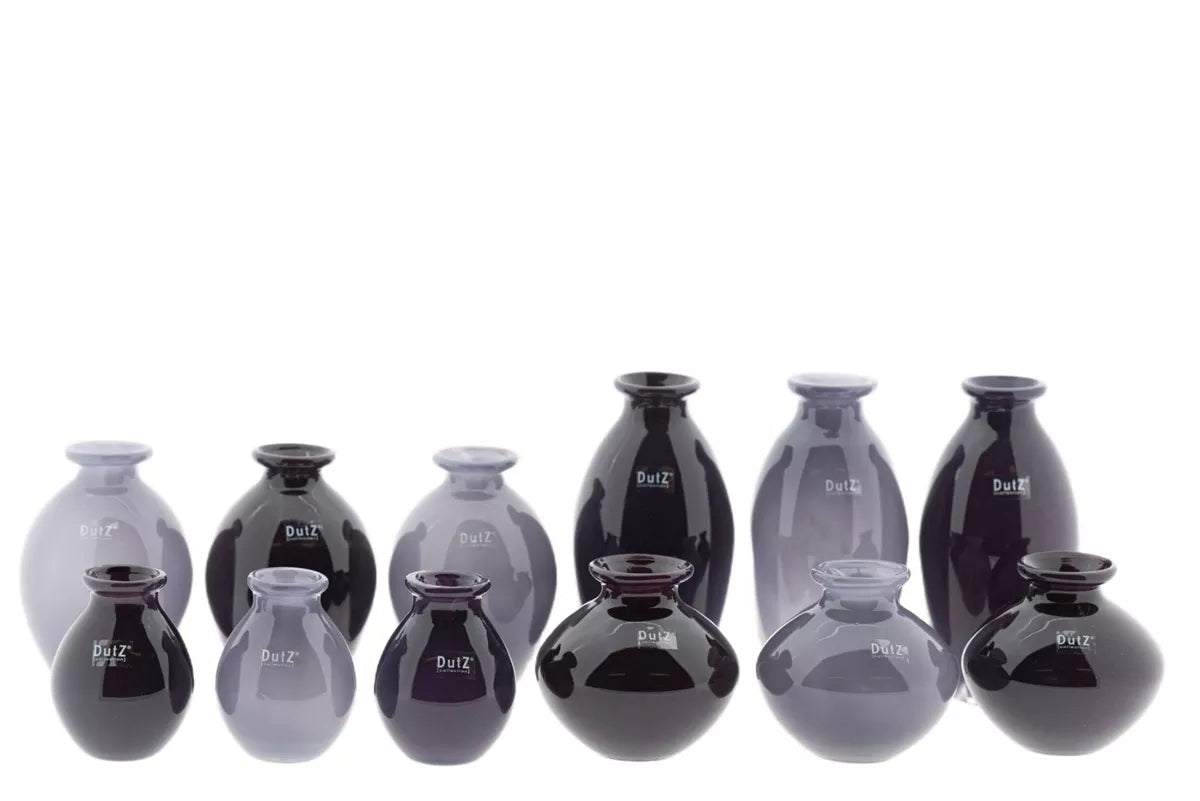 Lowlands Design Purple Rain budvase collection of 11 glossy purple gradient bud vases on white background