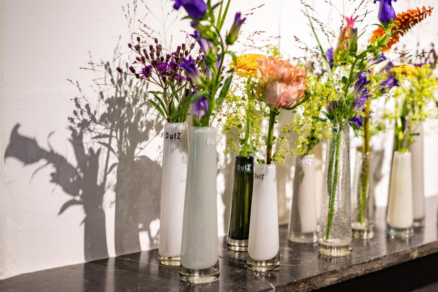 Single flower vase glass collection by Lowlands Design with assorted fresh flowers and natural shadows