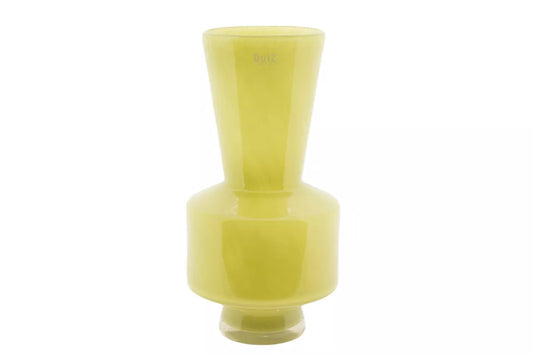 Lowlands Design glossy yellow green glass vase with narrow neck and wide base unique coloured yellow green vase for gifts