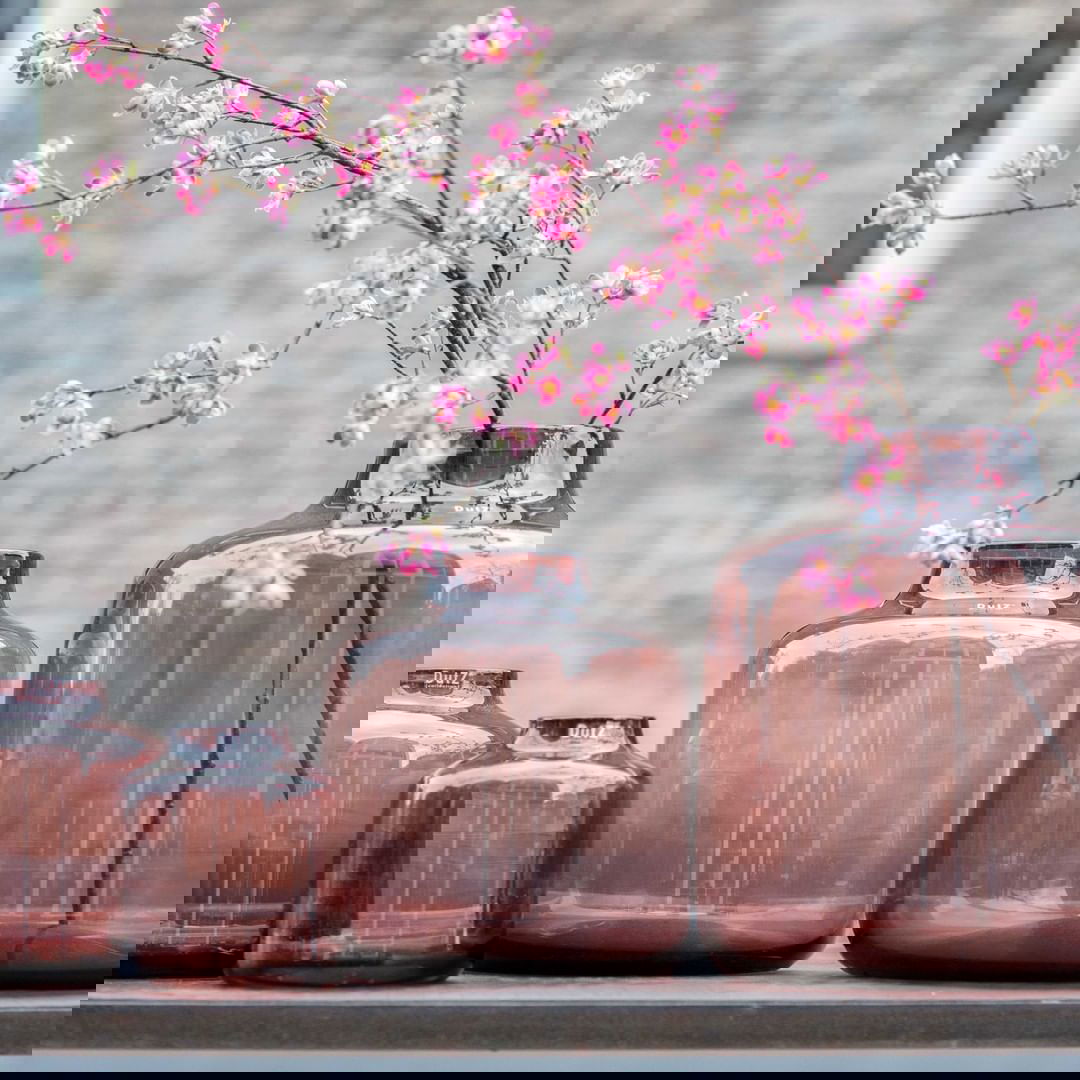 Set of four Lowlands Design vases in varying sizes with pink flower branches inside