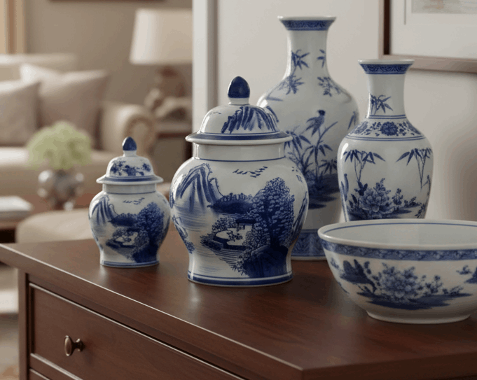 Elegant Ceramic Ginger Jar for Living Room Chinoiserie with intricate blue and white designs