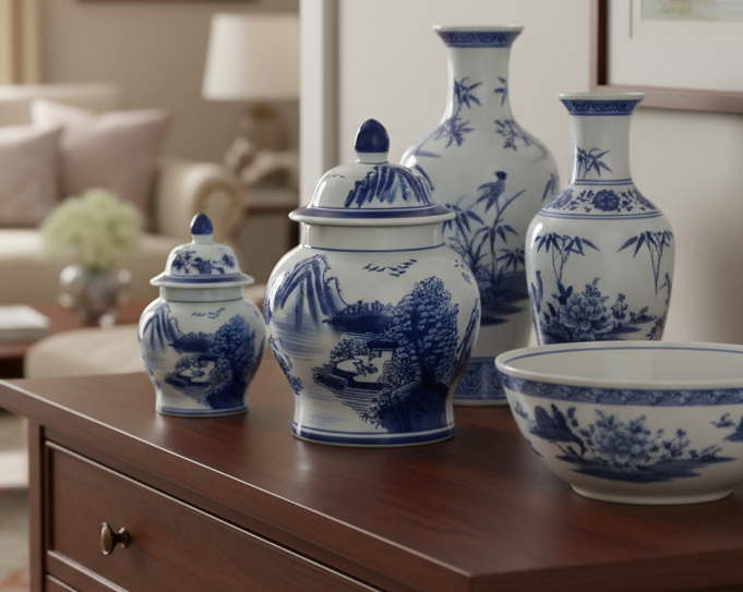Elegant Ceramic Ginger Jar for Living Room Chinoiserie with intricate blue and white designs