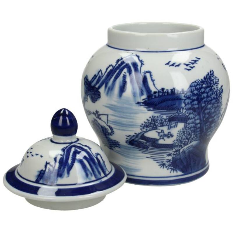 Elegant Ceramic Ginger Jar for Living Room Chinoiserie with Hand-Painted Scenic Design and Lid