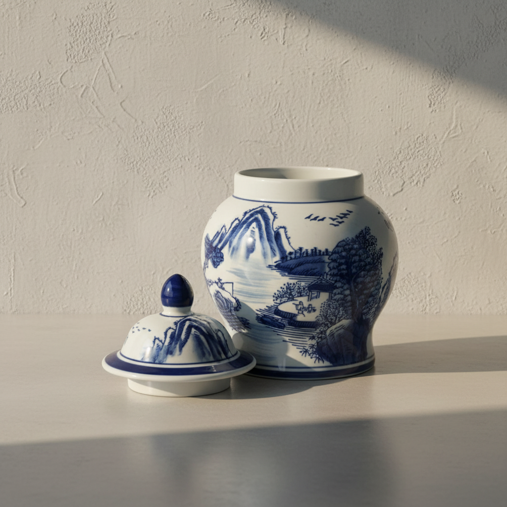 Chinoiserie Ginger Jar Pot & Vase Ermelo - 19x15x15cm - White Blue Porcelain