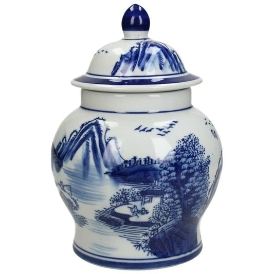 Elegant Ceramic Ginger Jar for Living Room Chinoiserie with Blue and White Scenic Design