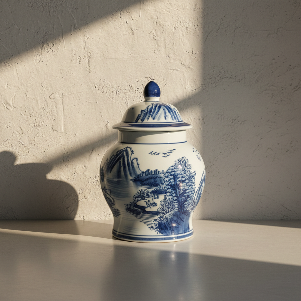 Chinoiserie Ginger Jar Pot & Vase Ermelo - 19x15x15cm - White Blue Porcelain