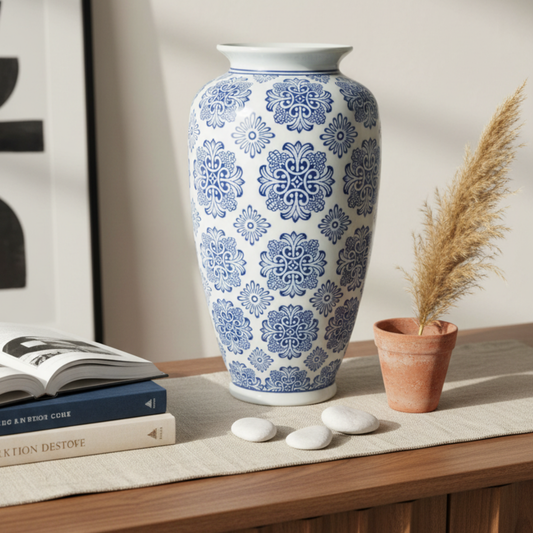 Flower vase blue white ceramic delftsblauw, ornate floral design, large size by Lowlands Design