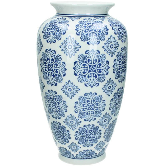 Lowlands Design flower vase blue white ceramic delftsblauw, decorative floral pattern, 30cm tall